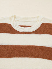 Patchwork drop shoulder sweater in caramel and cream stripes, acrylic fabric, crew neck.