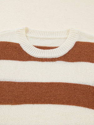Patchwork drop shoulder sweater in caramel and cream stripes, acrylic fabric, crew neck.