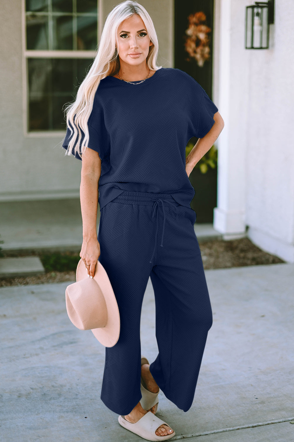 Dark blue textured knit tee and wide leg pants set with drawstring waist