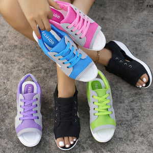 Sporty lace-up wedge sandals in purple, blue, black, green, and rose red with breathable mesh uppers.
