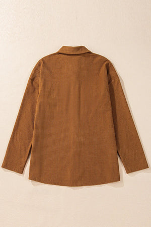 Brown waffle knit overshirt with collar and long sleeves, shown from the back.
