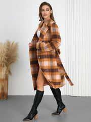 Belted bouclé overcoat in plaid with brown, pink, and tan, featuring a tie waist.