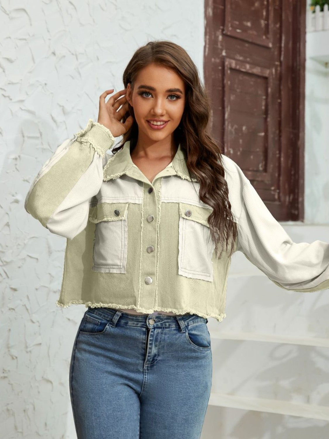 Textured colorblock cropped jacket in matcha green and sand with raw edges and button front.