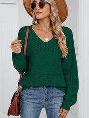 Peacock Blue V-neck sweater with diamond eyelet knit detail and long sleeves.
