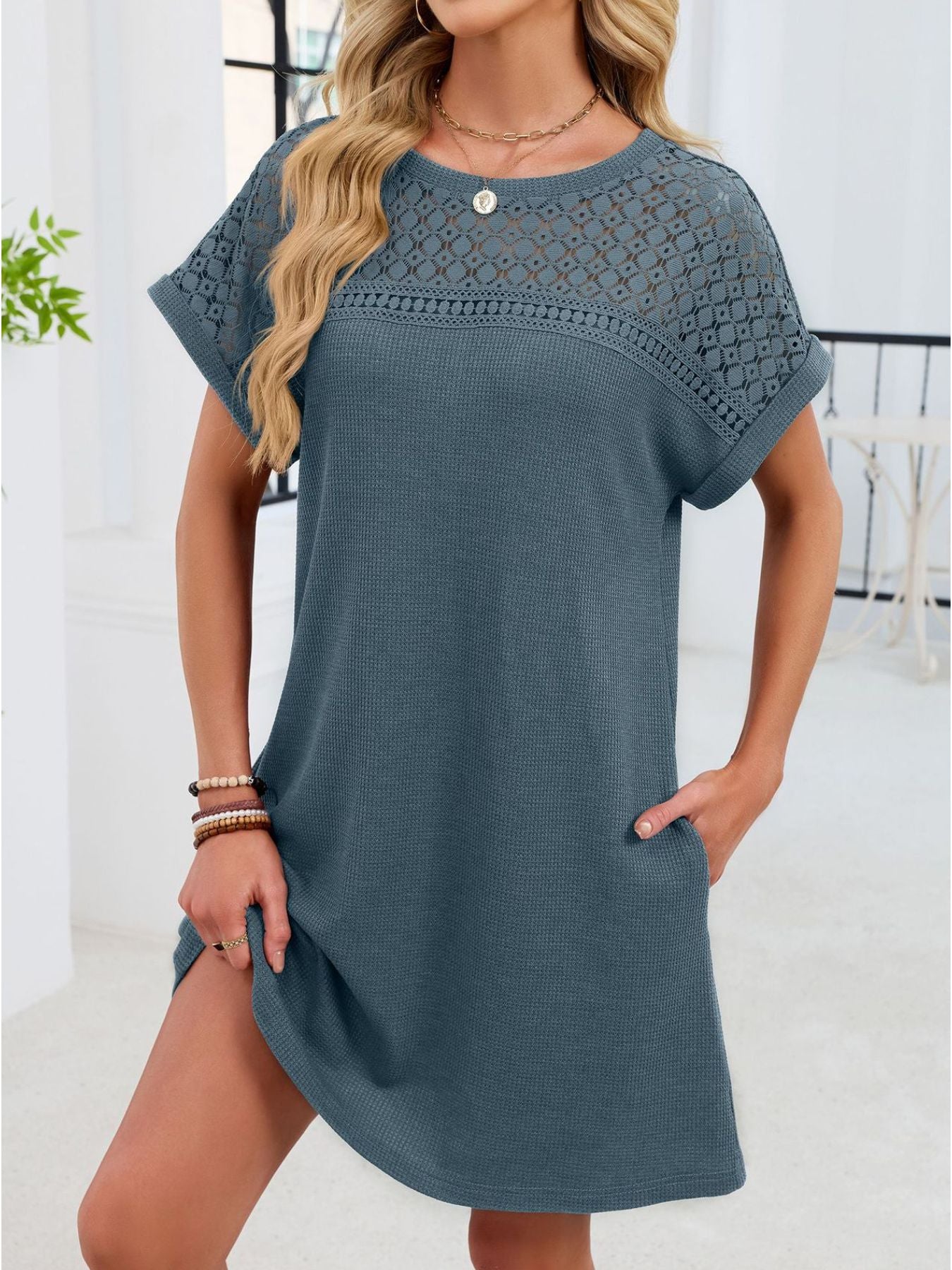 Sheer lace yoke t-shirt dress in French Blue with short sleeves and above-knee length.