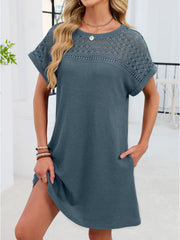 Sheer lace yoke t-shirt dress in French Blue with short sleeves and above-knee length.