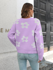 Lilac floral knit crewneck sweater with white flowers, acrylic, long sleeves.