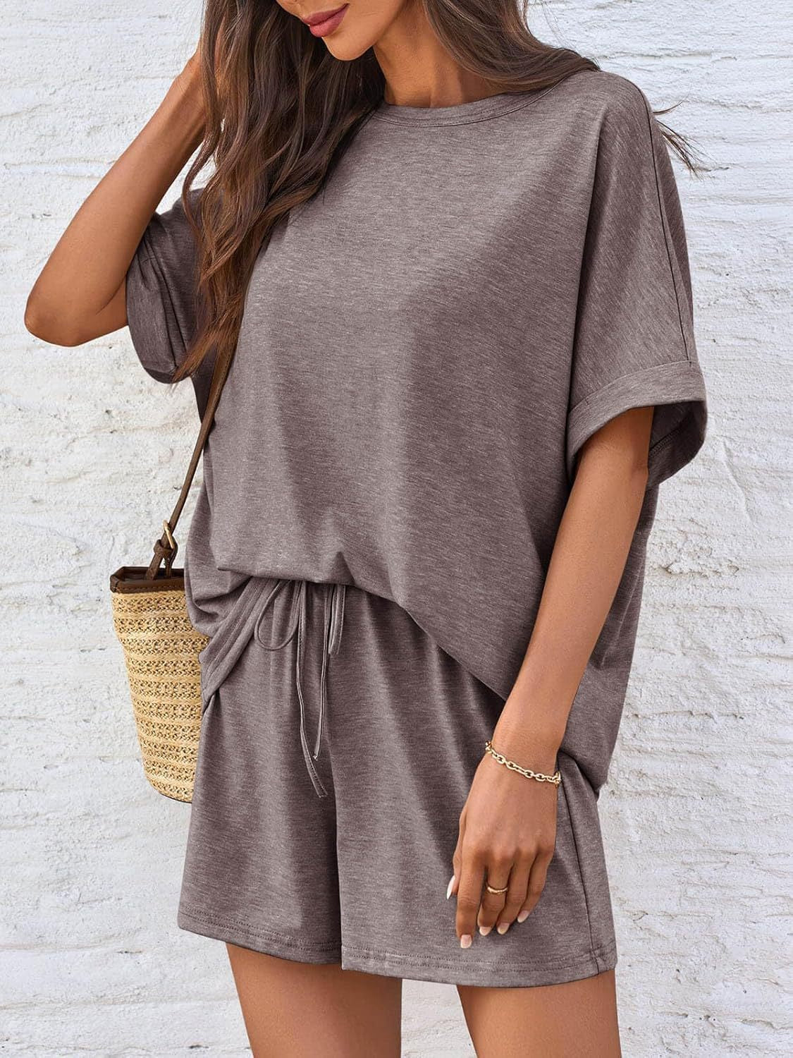Taupe relaxed fit tee and shorts loungewear set with drawstring waist.