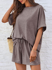 Taupe relaxed fit tee and shorts loungewear set with drawstring waist.