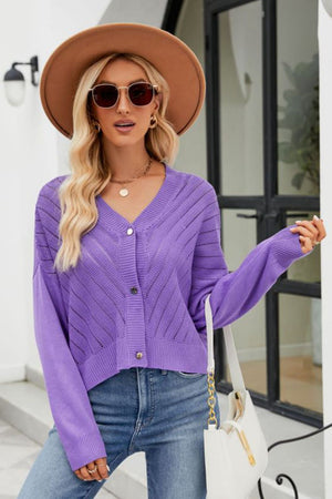 Purple textured stitch cropped V-neck cardigan with button front.