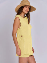Yellow textured knit tank set with slit sides and ribbed shorts