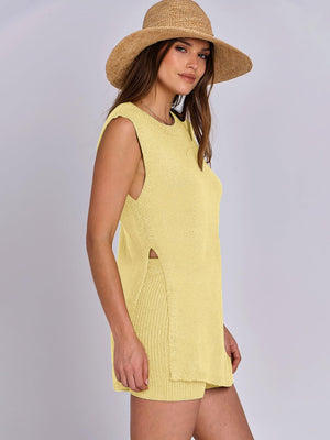 Yellow textured knit tank set with slit sides and ribbed shorts
