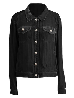 Black velvet western jacket with silver buttons and chest pockets.