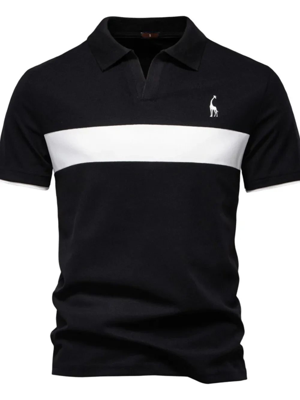 Black polo shirt with white stripe and giraffe embroidery