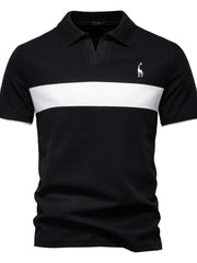 Black polo shirt with white stripe and giraffe embroidery