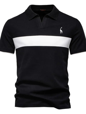 Black polo shirt with white stripe and giraffe embroidery