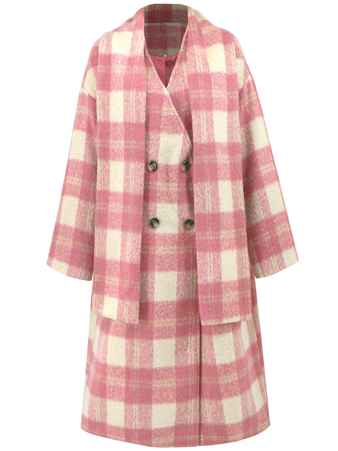 Pink purple plaid cocoon coat with double buttons and matching scarf.