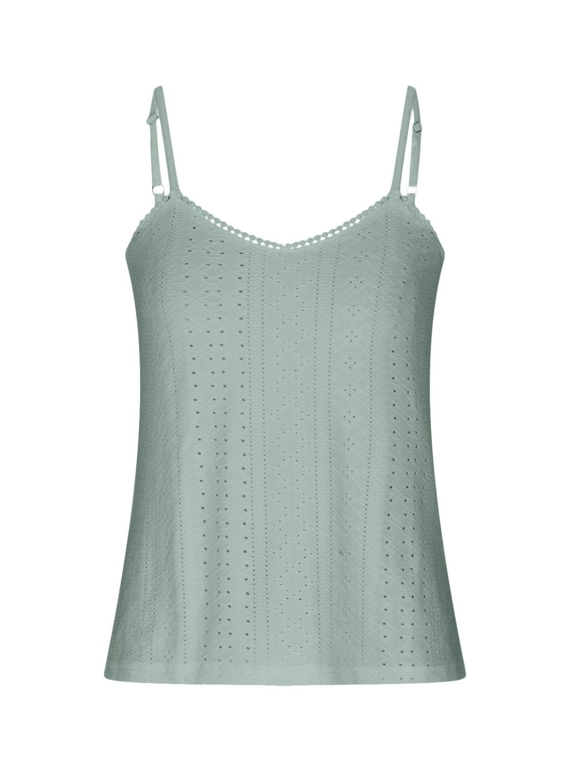 Eyelet lace inset cami top in Air Force Blue with adjustable straps and scalloped trim.