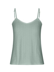 Eyelet lace inset cami top in Air Force Blue with adjustable straps and scalloped trim.