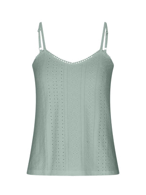 Eyelet lace inset cami top in Air Force Blue with adjustable straps and scalloped trim.