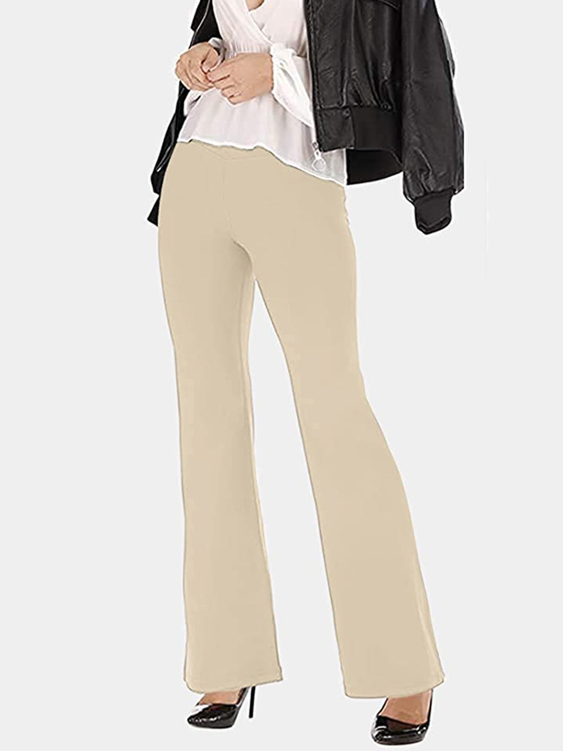 Sand V-waist flare leg leggings with a V-shaped waistband.