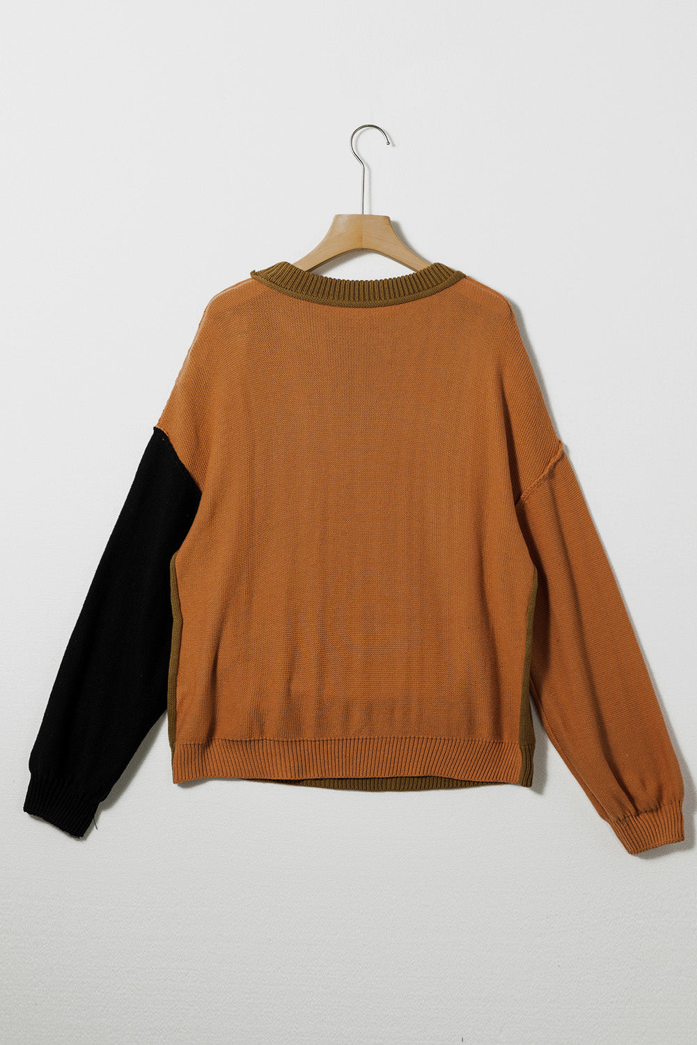 Brown acrylic sweater with black and olive green contrast sleeves and neckline.