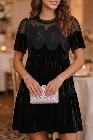 Embroidered Velvet Short Sleeve Mini Dress in Black, front view