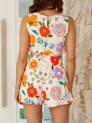 Floral crop top and shorts set with elastic waist and keyhole back detail.