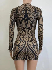 Abstract Print Long Sleeve Mini Dress in Multicolor, model styling view