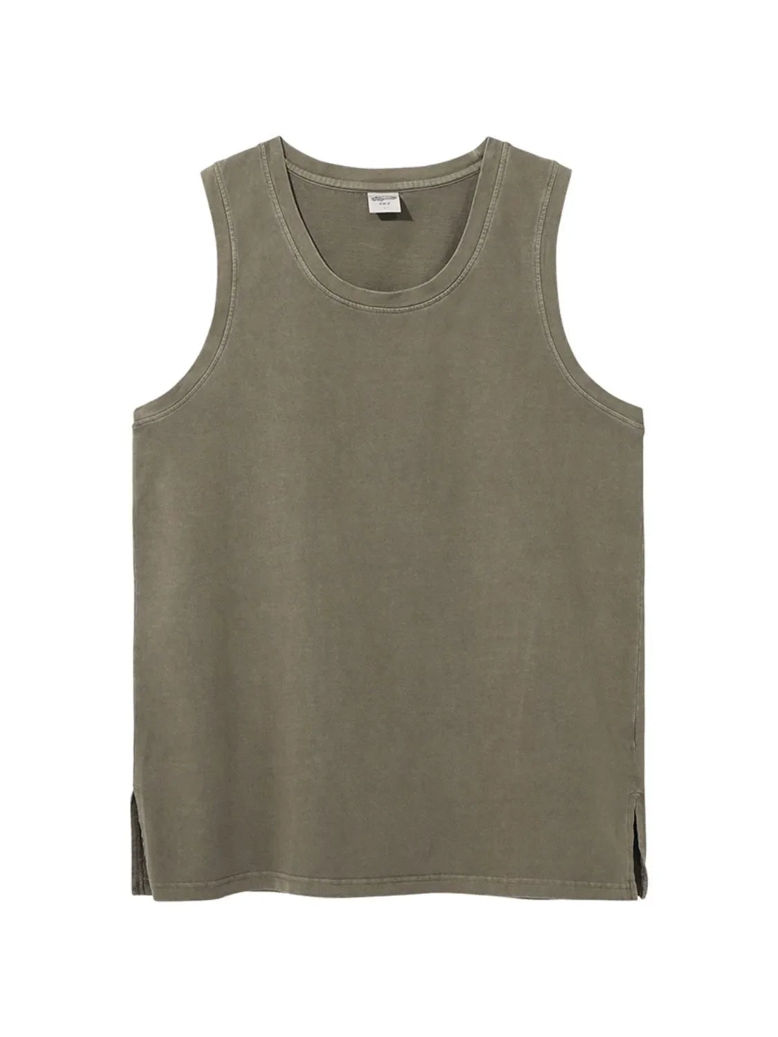 Relaxed slit hem tank top in olive brown with a crew neck and sleeveless design.