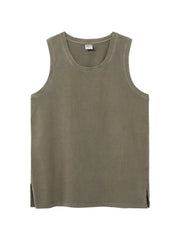 Relaxed slit hem tank top in olive brown with a crew neck and sleeveless design.