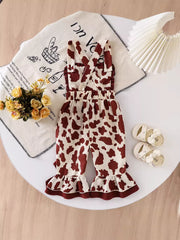 Children's Cow Print Ruffle Jumpsuit in Brown And White, alternate angle