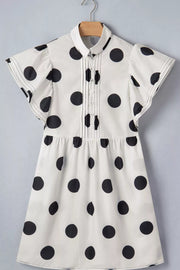 White polka dot mini dress with ruffled sleeves, collared neckline and button-down front.