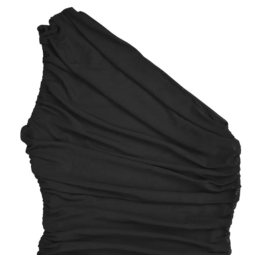 Black ruched one-shoulder maxi dress with bodycon fit and gathered detail.