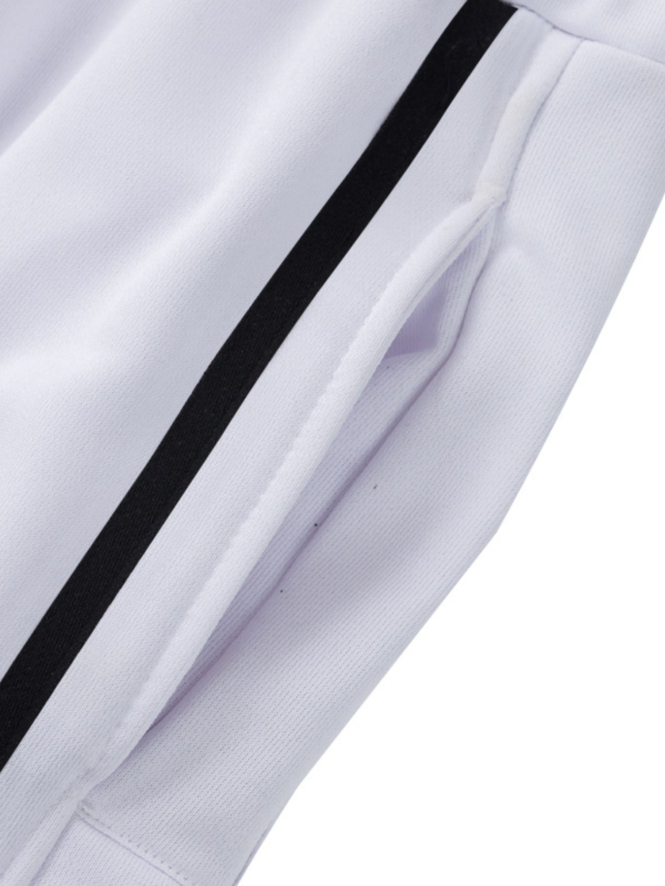 White track pants with black side stripe and pocket detail.