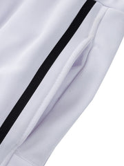 White track pants with black side stripe and pocket detail.