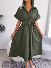 Army green button-down midi dress with short sleeves and a tie belt