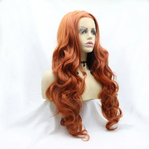 Orange lace front wig with long, wavy synthetic hair styled on a mannequin.