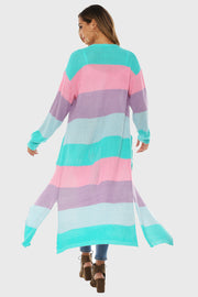 Maxi cardigan with rainbow stripes in aqua, pink, and purple, featuring pockets.
