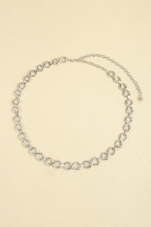 Silver infinity chain waist belt with adjustable extender.