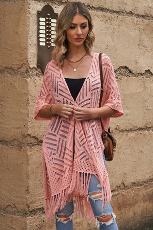 Open knit chevron fringe cardigan in blush pink with short sleeves and a relaxed fit.