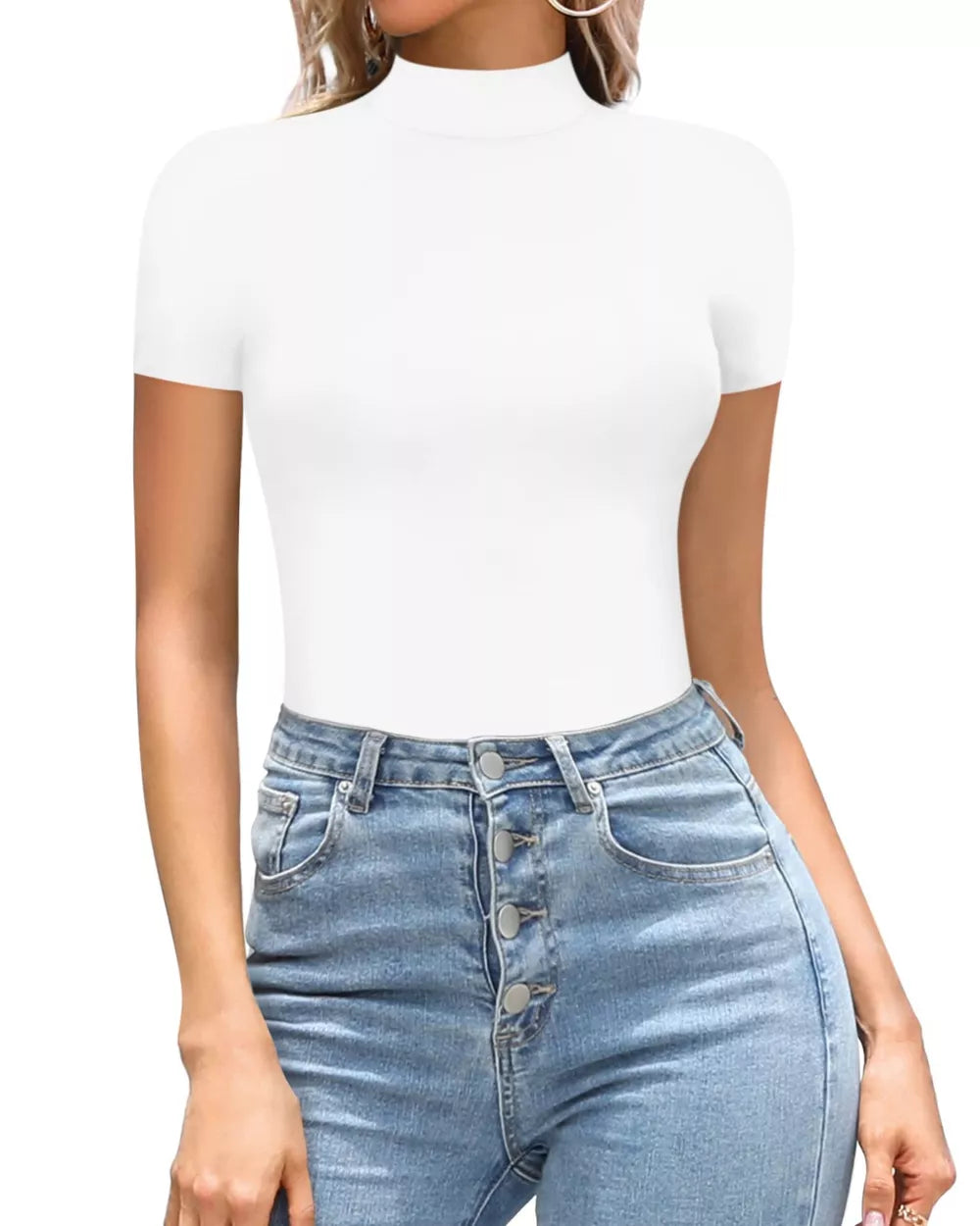 White mock neck short sleeve bodysuit with a form-fitting silhouette.