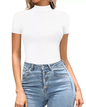 White mock neck short sleeve bodysuit with a form-fitting silhouette.