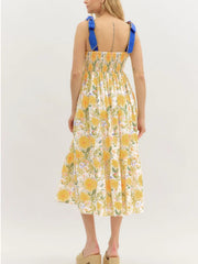 Floral midi dress with smocked bodice and blue tie shoulders