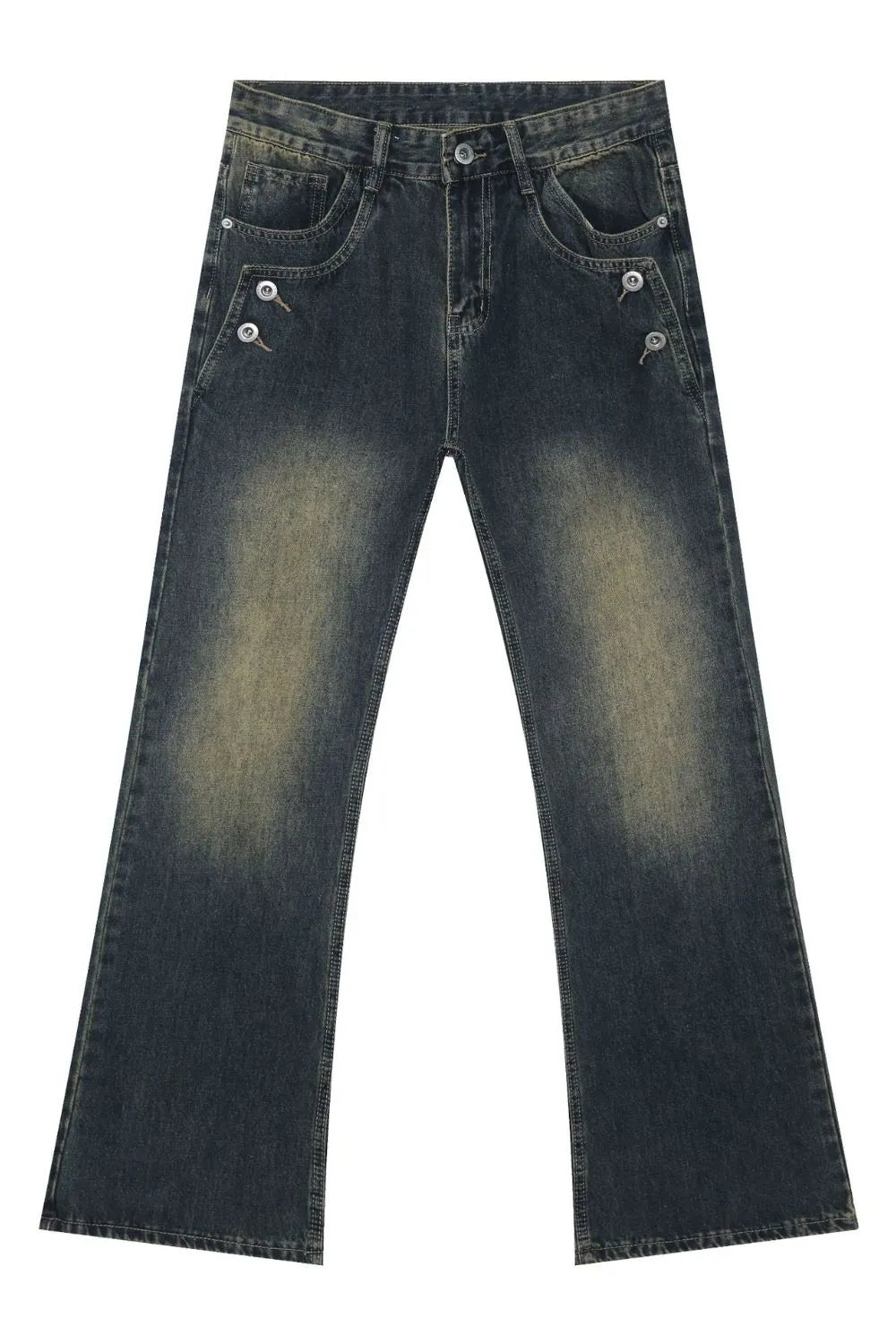 Dark wash bootcut jeans with faded details and button accents