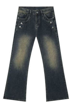 Dark wash bootcut jeans with faded details and button accents