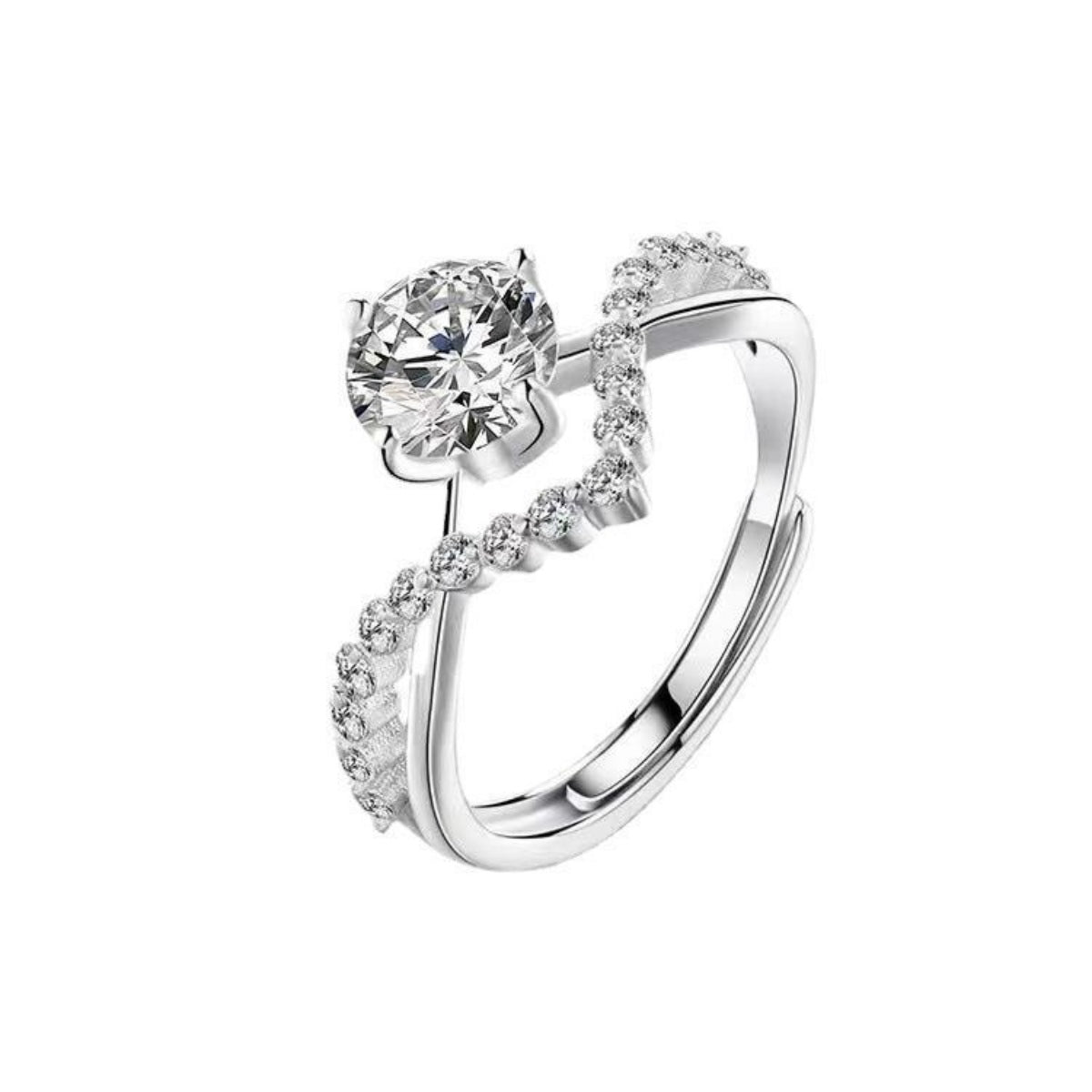 Sterling silver ring with moissanite and accent stones, adjustable band.