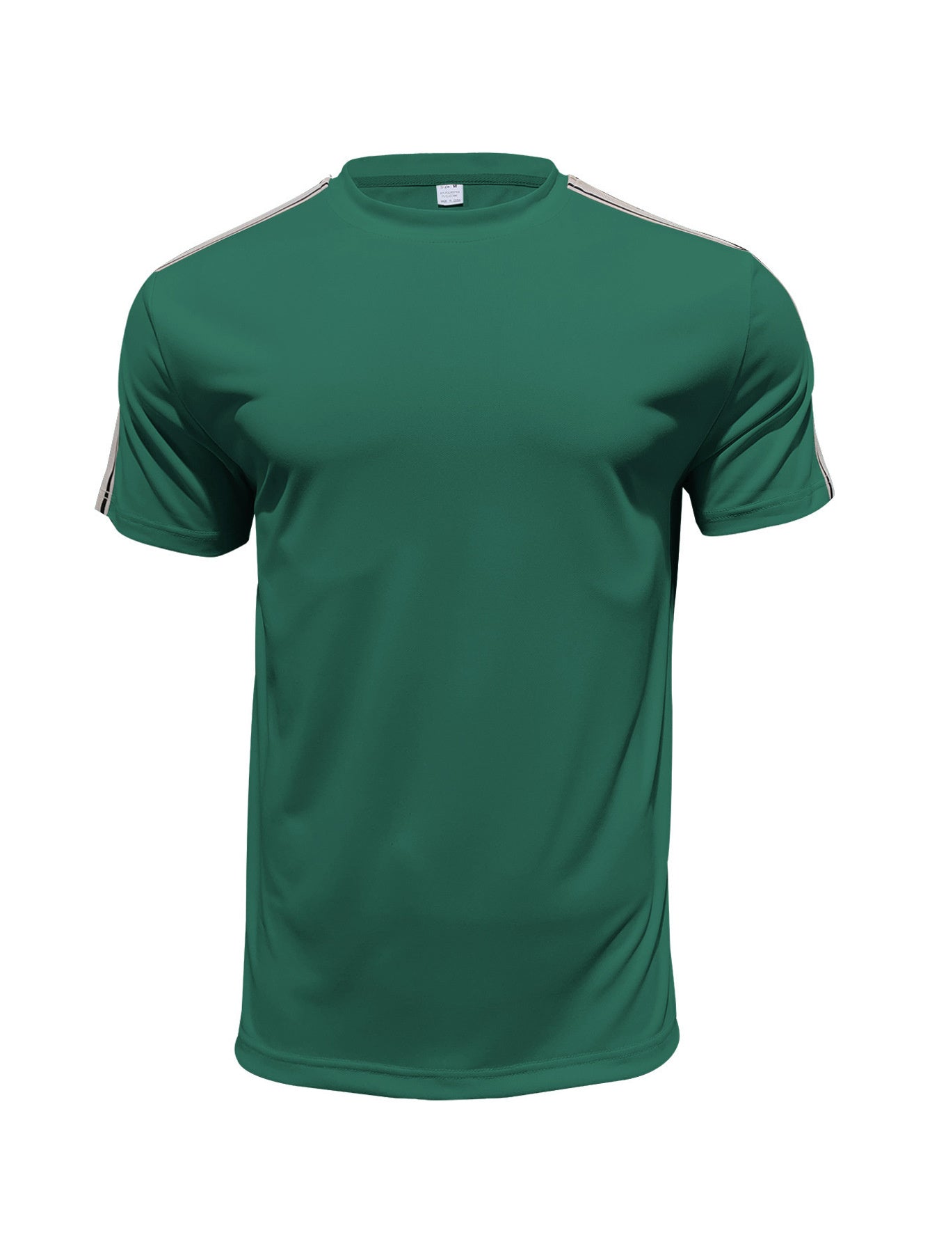 Men's dark green crew neck t-shirt with striped shoulder detail