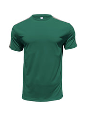 Men's dark green crew neck t-shirt with striped shoulder detail