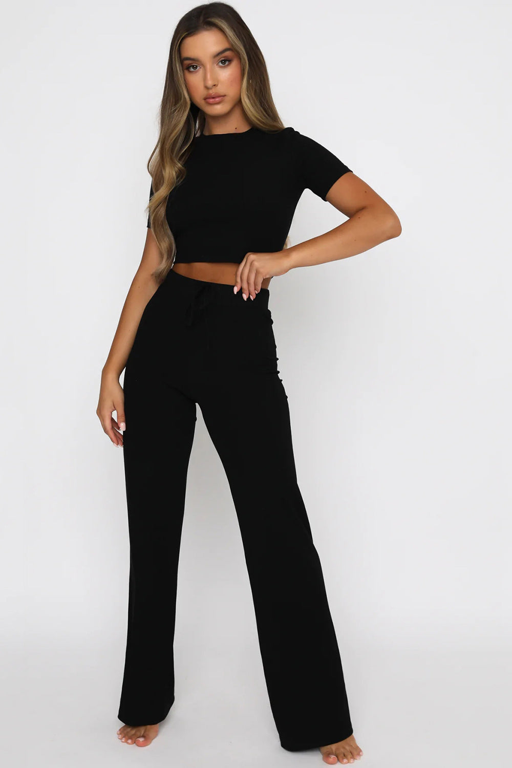 Black ribbed crop top and wide leg pants set with drawstring waist